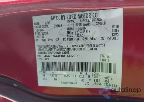 2010 Mercury Mountaineer Premier из США, поврежденный, VIN 4M2EN4JE0AUJ02900